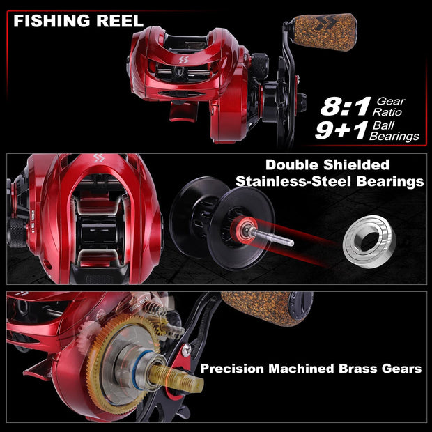 Baitcaster Combo, Fishing Rod and Reel Combo, 2-Piece Fishing Pole with Baitcasting Reel Combo Fishing Gear