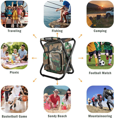 Kikerike Folding Stool Backpack Insulated Cooler Bag, Collapsible Camping Hunting Fishing Multifunction Chair with Front Pocket and Bottle Pocket for Outdoor Events, Hiking, Travel, Beach