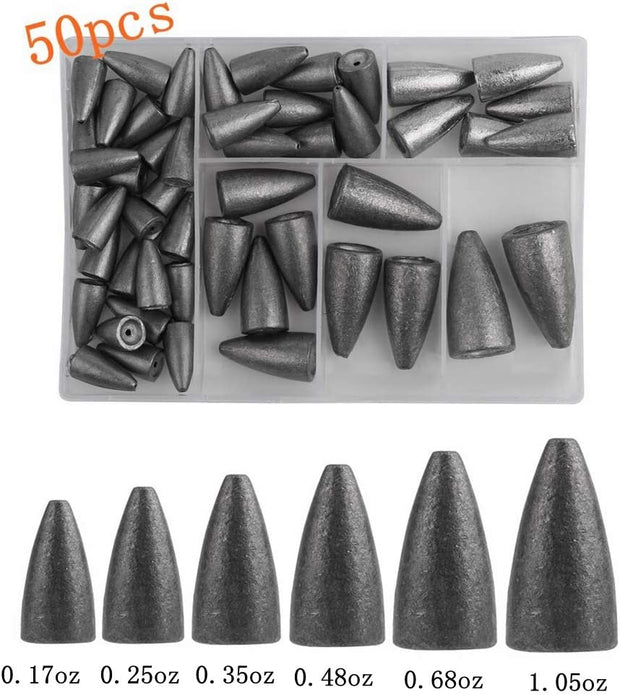 50Pcs Fishing Sinkers Weights Kit Worm Fishing Sinker Weight Bullet Lead Sinkers Fishing Set