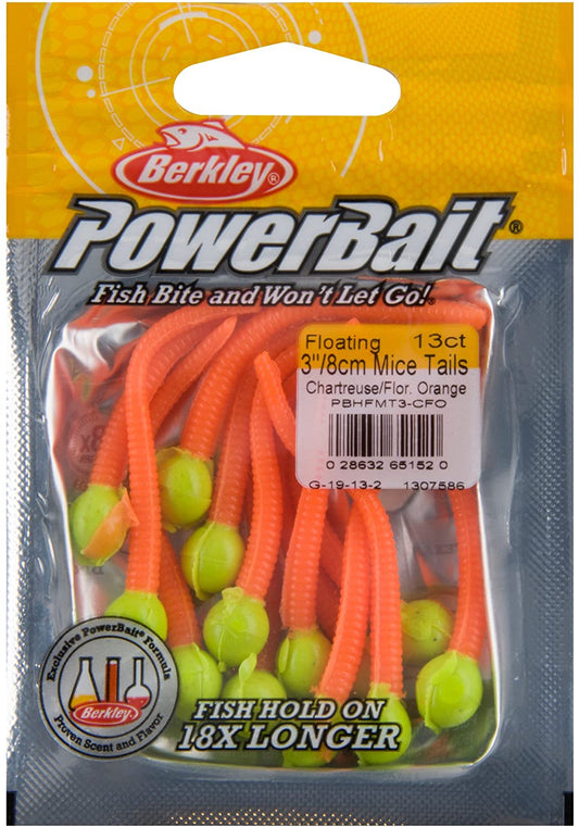 Berkley Powerbait Floating Mice Tails Chartreuse/Fluorescent Orange, 3" (13 Count)