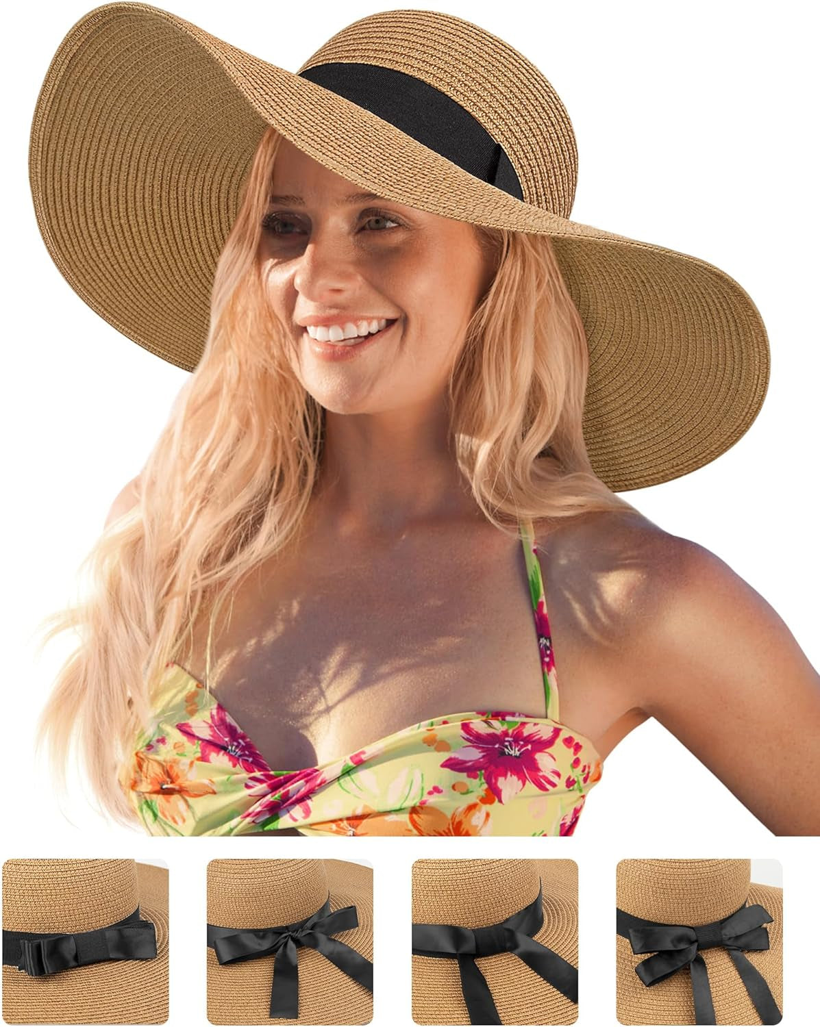 Beach Hats for Women, Wide Brim Sun Straw Hat Foldable Summer Floppy Hat UV Protection Cap