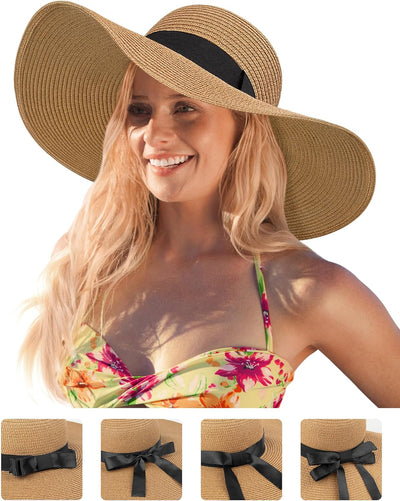 Beach Hats for Women, Wide Brim Sun Straw Hat Foldable Summer Floppy Hat UV Protection Cap