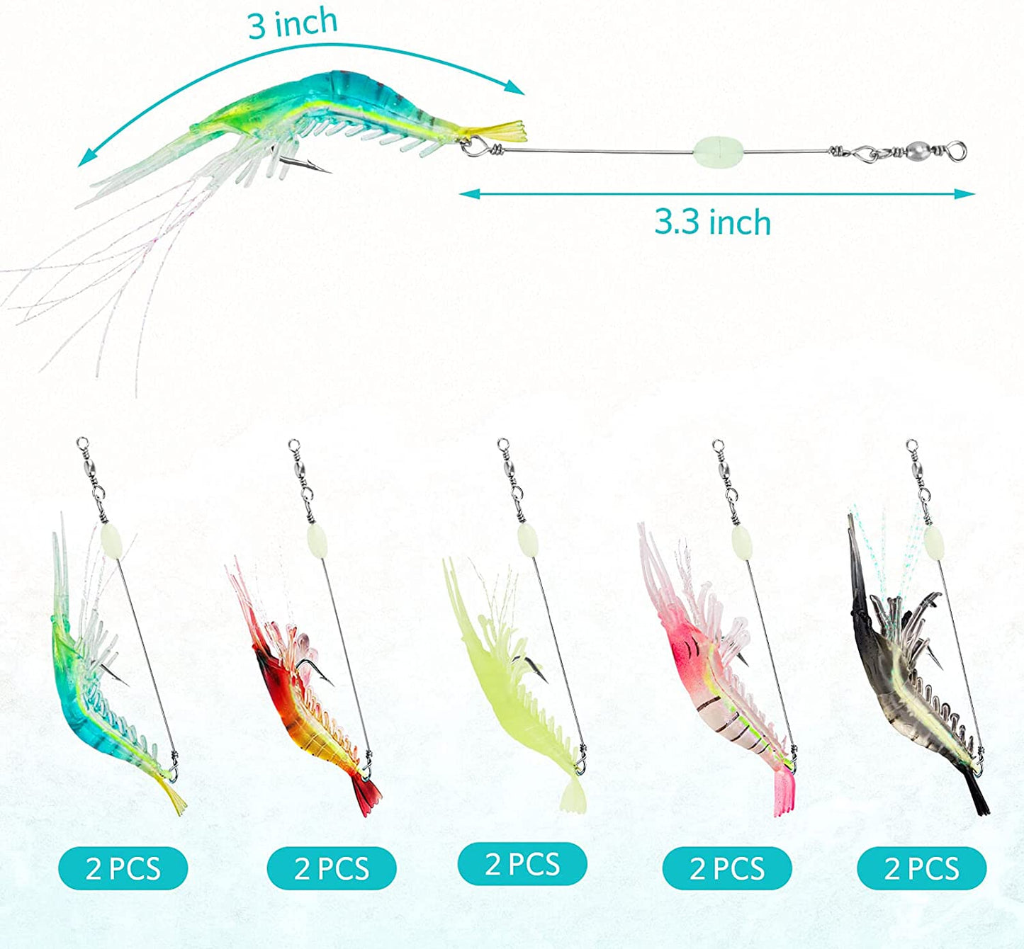 10PCS Saltwater Fishing Lures Shrimp Baits Set, Premium Soft Shrimp Fishing Tackle with Luminous Sharp Hooks, for Freshwater and Saltwater -