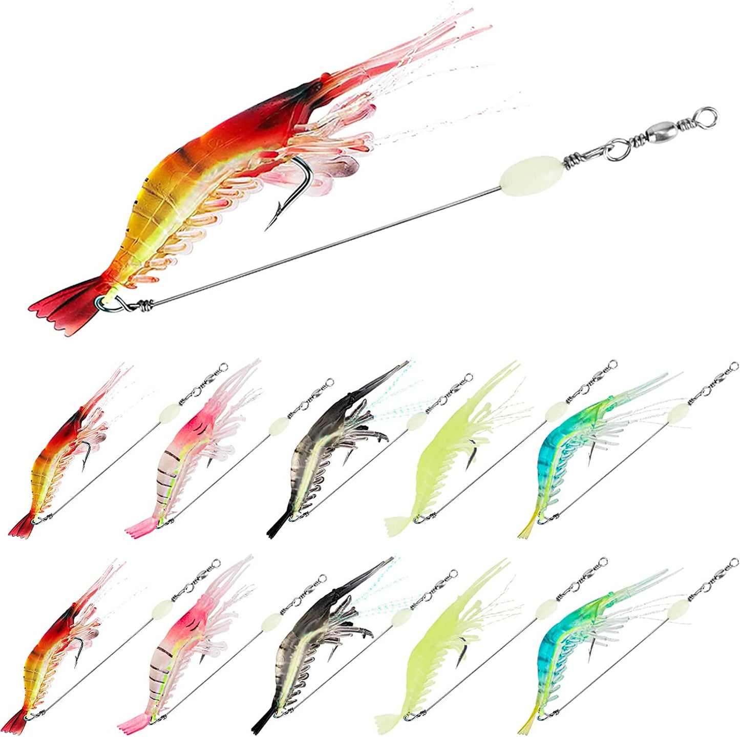 10PCS Saltwater Fishing Lures Shrimp Baits Set, Premium Soft Shrimp Fishing Tackle with Luminous Sharp Hooks, for Freshwater and Saltwater -