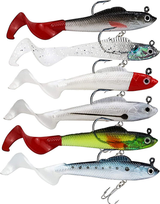 Lures for Bass Jig Head Soft Swimbait, 6-Pack 6 Colors Plastic Bait for Saltwater / Freshwater Fishing