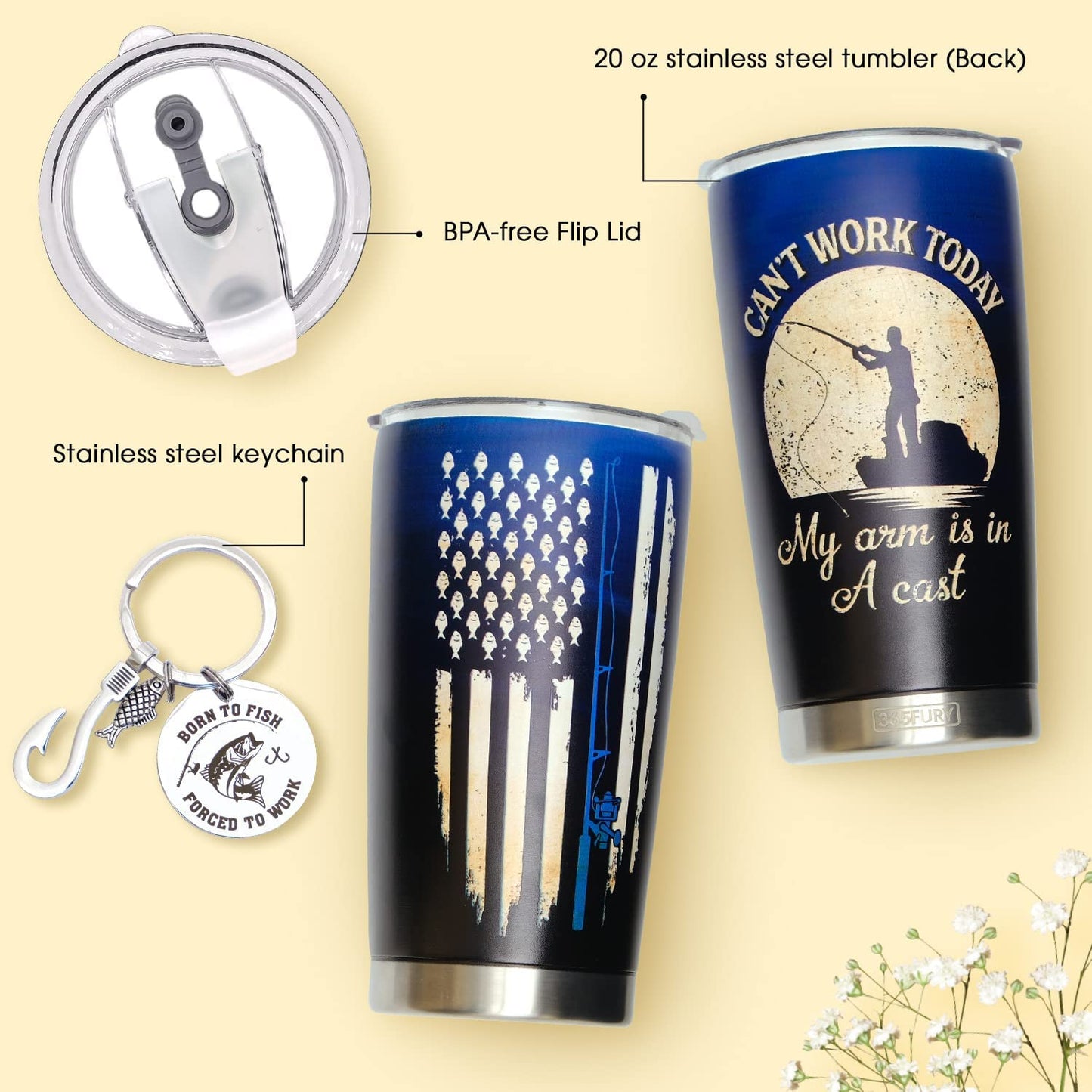 Fishing Gifts for Men - Fishing Gifts for Dad, Boyfriend, Husband - Funny Gifts Set 20Oz Stainless Steel Tumbler & Keychain, Birthday, for Fisherman