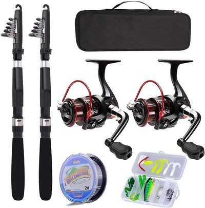 Fishing Pole Combo Set,2.1M/6.89Ft 2PCS Collapsible Rods 2PCS Spinning Reels Lures Set Carrier Bag Carbon Fiber Telescopic Fishing Rods Sea Saltwater Freshwater Kit Fishing Rod Reel Combos