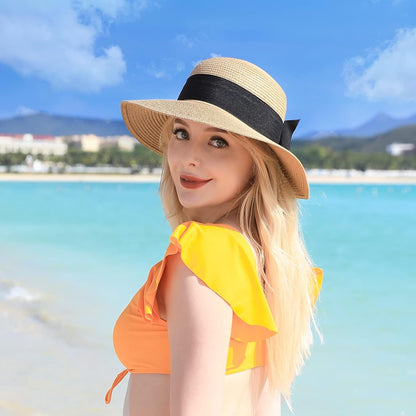Beach Hats for Women, Wide Brim Sun Straw Hat for Women UPF 50+ UV Sun Protection Sun Hat Foldable Roll up Cap