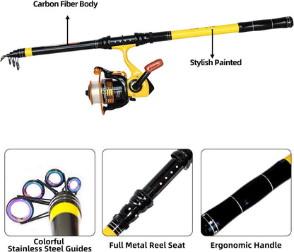 Fishing Rod and Reel Combo，Medium Heavy Poles and Reels Telescopic Rod Kits for Adults， 22Lb Line Pre-Spooled with Spining Reel for Travel Saltwater Freshwater Catfish Bass Fishing