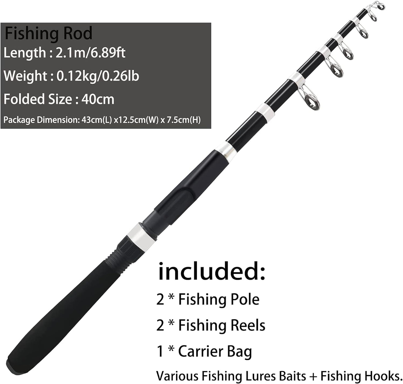 Fishing Pole Combo Set,2.1M/6.89Ft 2PCS Collapsible Rods 2PCS Spinning Reels Lures Set Carrier Bag Carbon Fiber Telescopic Fishing Rods Sea Saltwater Freshwater Kit Fishing Rod Reel Combos