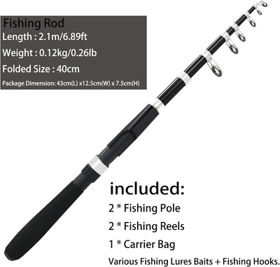 Fishing Pole Combo Set,2.1M/6.89Ft 2PCS Collapsible Rods 2PCS Spinning Reels Lures Set Carrier Bag Carbon Fiber Telescopic Fishing Rods Sea Saltwater Freshwater Kit Fishing Rod Reel Combos