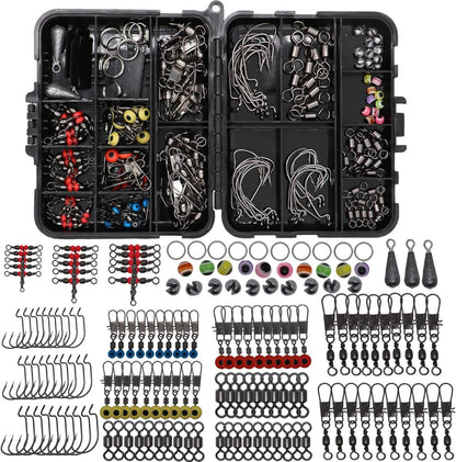 Fishing Accessories Kit with Hooks Bass Casting Sinkers Fishing Swivels Snaps Sinker Slides Fishing Line Beads Fishing Set with Tackle Box Lanyard