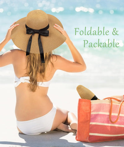 Beach Hats for Women, Wide Brim Sun Straw Hat Foldable Summer Floppy Hat UV Protection Cap