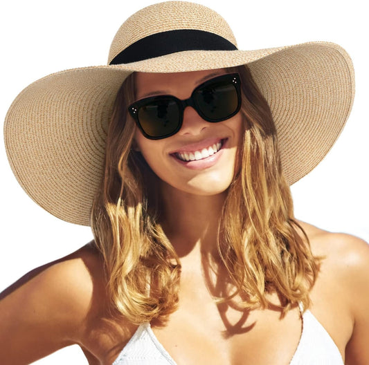 Womens Sun Straw Hat Wide Brim UPF 50 Summer Hat Foldable Roll up Floppy Beach Hats for Women