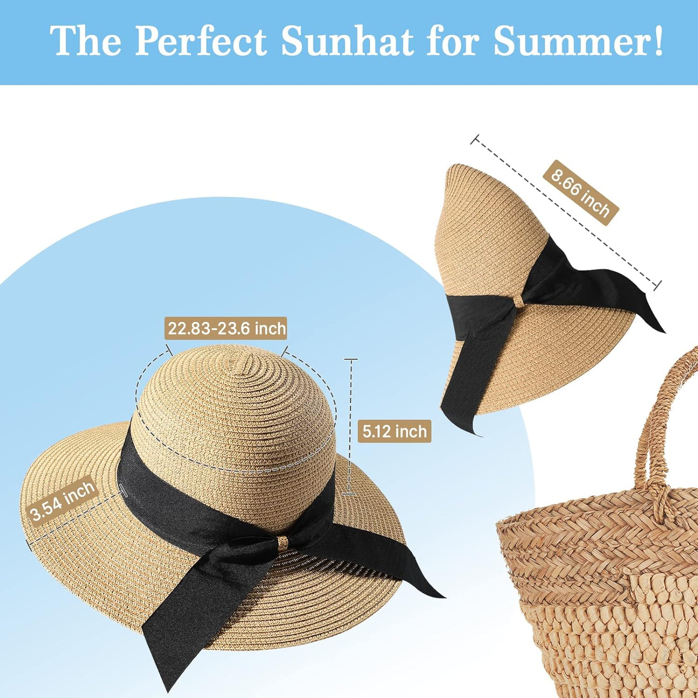 Beach Hats for Women, Wide Brim Sun Straw Hat for Women UPF 50+ UV Sun Protection Sun Hat Foldable Roll up Cap