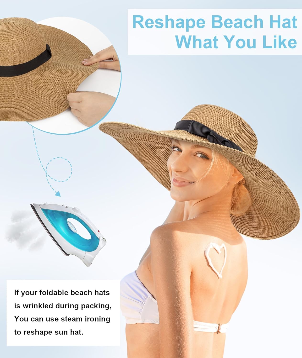 Beach Hats for Women, Wide Brim Sun Straw Hat Foldable Summer Floppy Hat UV Protection Cap