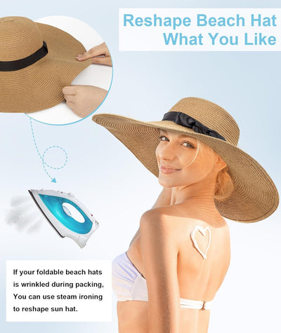 Beach Hats for Women, Wide Brim Sun Straw Hat Foldable Summer Floppy Hat UV Protection Cap