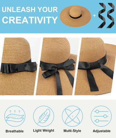 Beach Hats for Women, Wide Brim Sun Straw Hat Foldable Summer Floppy Hat UV Protection Cap