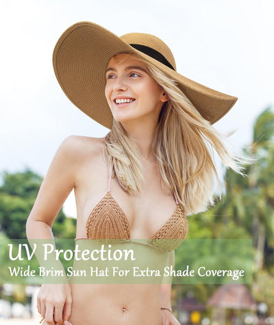 Beach Hats for Women, Wide Brim Sun Straw Hat Foldable Summer Floppy Hat UV Protection Cap