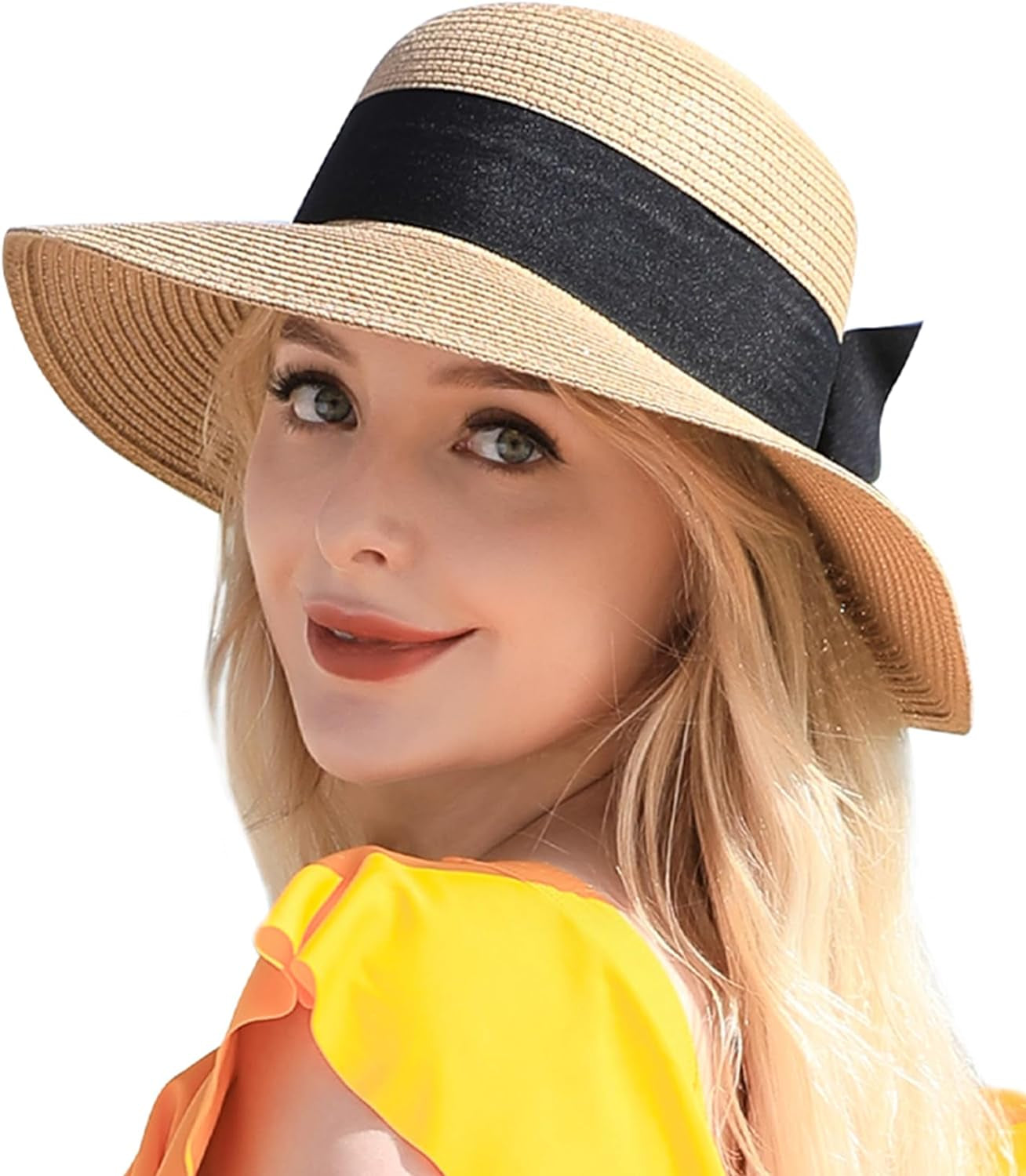 Beach Hats for Women, Wide Brim Sun Straw Hat for Women UPF 50+ UV Sun Protection Sun Hat Foldable Roll up Cap