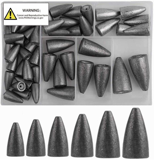 50Pcs Fishing Sinkers Weights Kit Worm Fishing Sinker Weight Bullet Lead Sinkers Fishing Set