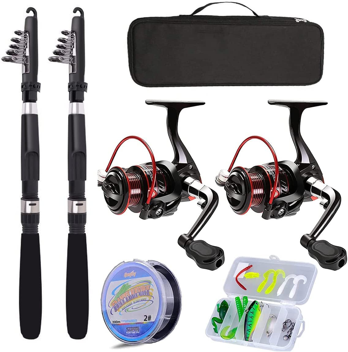 Fishing Pole Combo Set,2.1M/6.89Ft 2PCS Collapsible Rods 2PCS Spinning Reels Lures Set Carrier Bag Carbon Fiber Telescopic Fishing Rods Sea Saltwater Freshwater Kit Fishing Rod Reel Combos