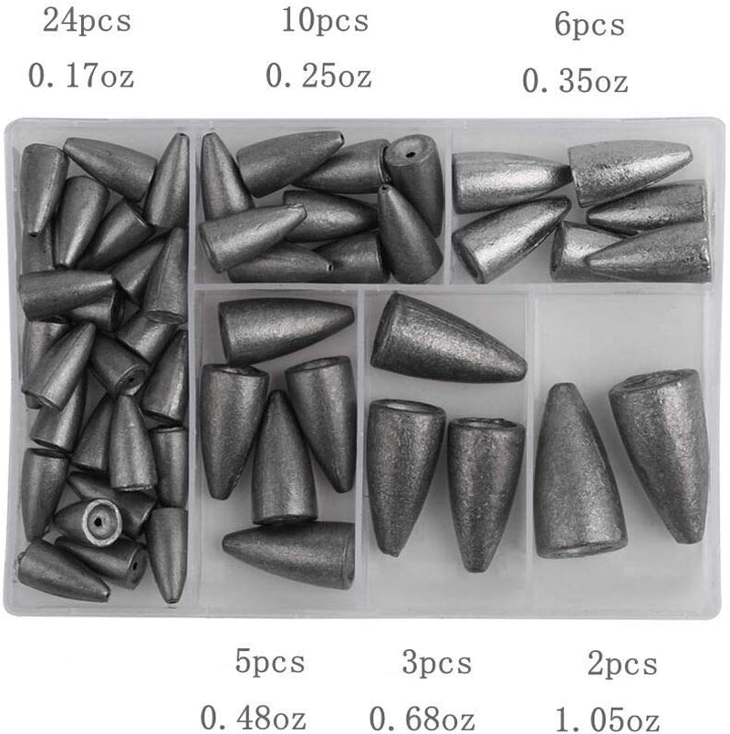 50Pcs Fishing Sinkers Weights Kit Worm Fishing Sinker Weight Bullet Lead Sinkers Fishing Set