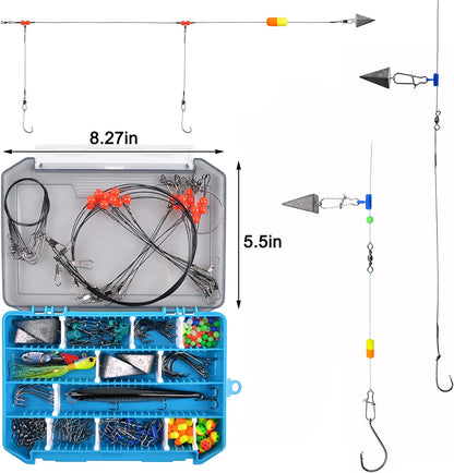 Surf Fishing Tackle Kit Ocean Saltwater Fishing Lures Surf Fishing Gear Fish Finder Rigs Pompano Rig Pyramid Sinker Weight Fishing Hooks Swivels Various Accessories