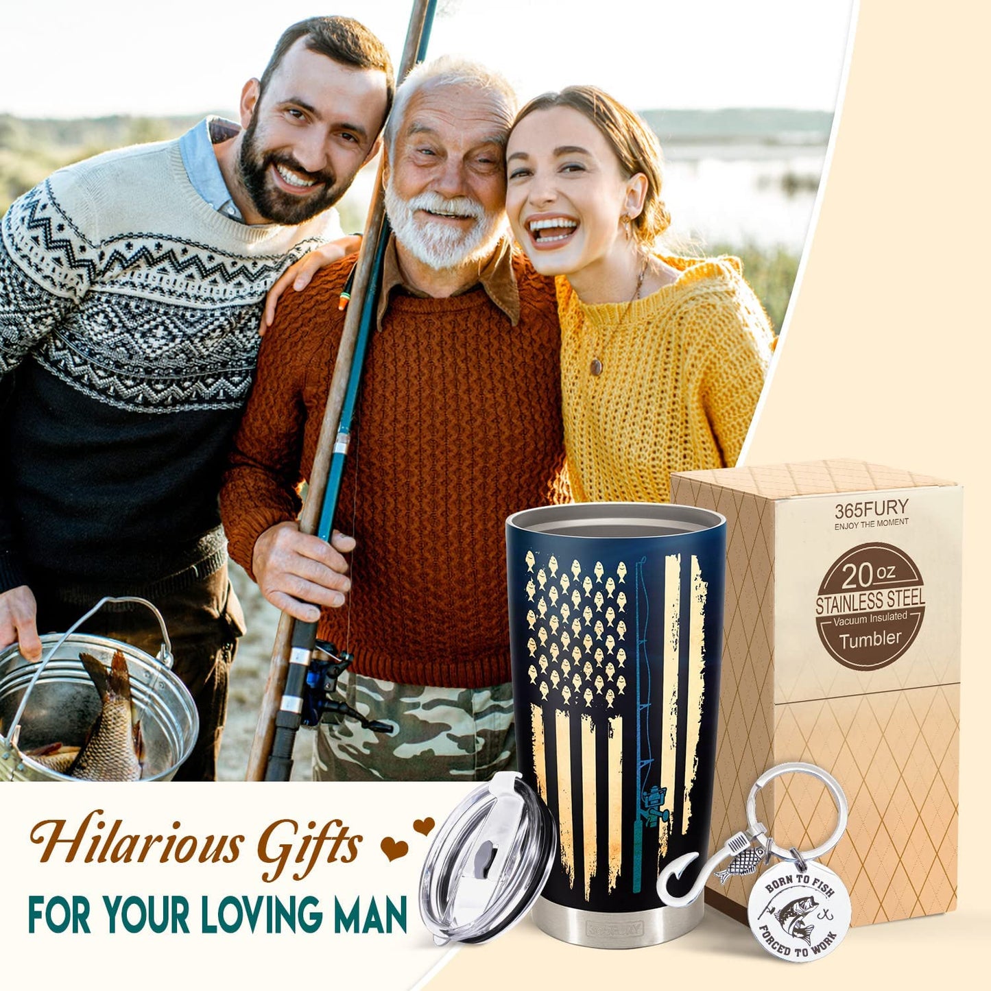 Fishing Gifts for Men - Fishing Gifts for Dad, Boyfriend, Husband - Funny Gifts Set 20Oz Stainless Steel Tumbler & Keychain, Birthday, for Fisherman